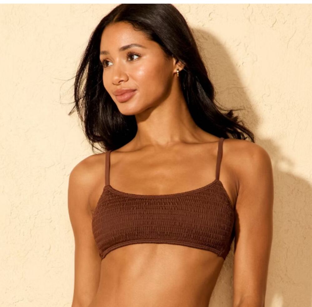 Wild Fable NWT Size XS (0-2) Smocked Bralette Bikini Top Back Clasp Brown
